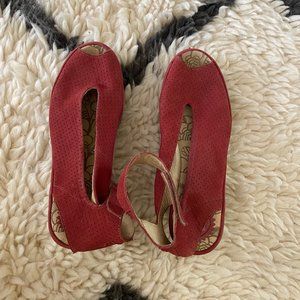 Fly London | Yala Ankle Strap Red Leather Wedge Peep Toe Sandals Size 37/7
